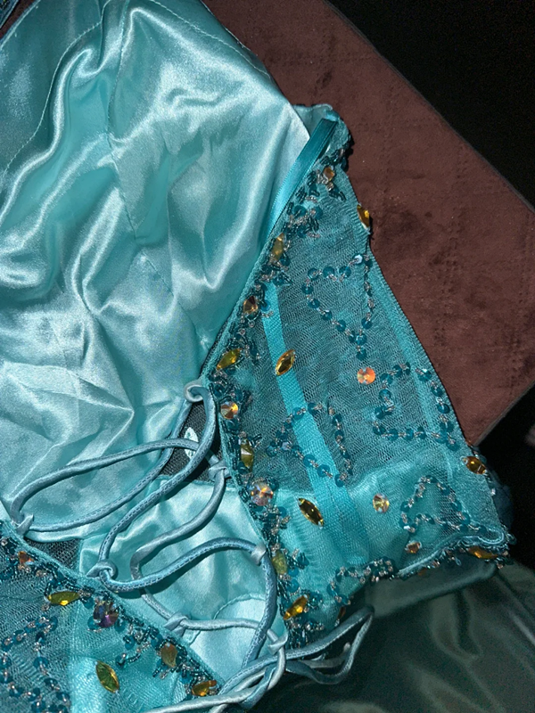 Blue halter-neck fitted long ball gown R7036