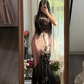 Light-colored lining, black camisole, fitted waist, sexy black stockings, long ball gown R7785