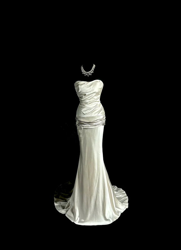 Ivory white strapless fitted waist pleated long ball gown R6638