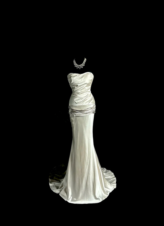 Ivory white strapless fitted waist pleated long ball gown R6638