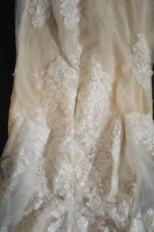 Apricot lace fitted long ball gown, bridal gown R6757