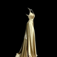 Gold halter neck, fitted waist, slimming, backless, hip-revealing long ball gown R6678