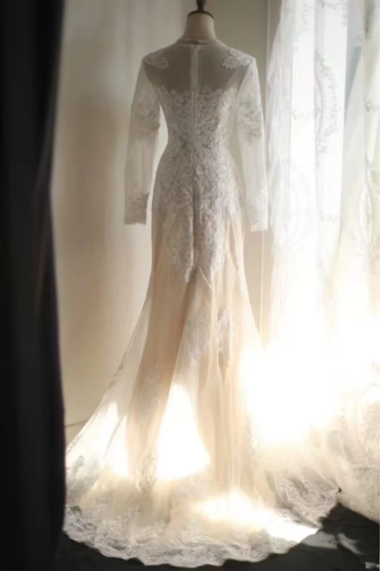 Apricot lace fitted long ball gown, bridal gown R6757