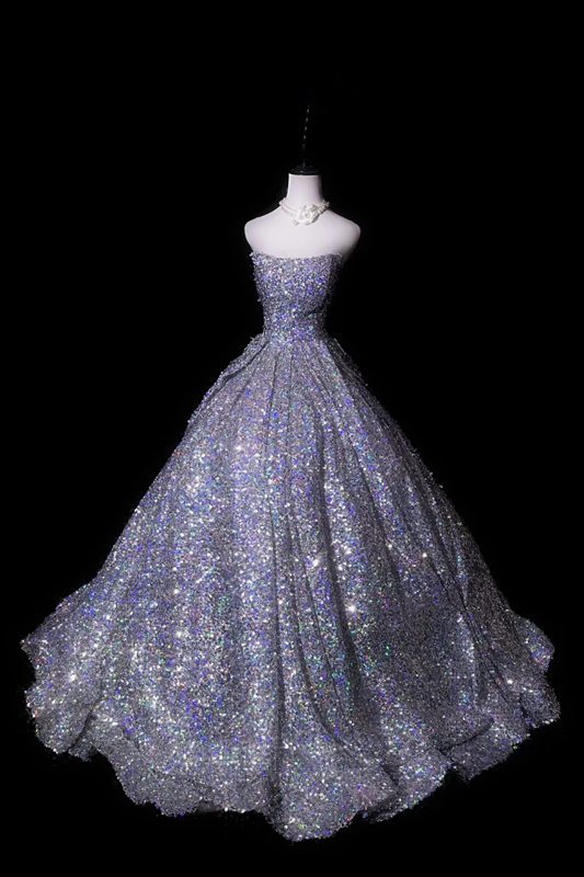 Silver sequined strapless fitted long ball gown R8701