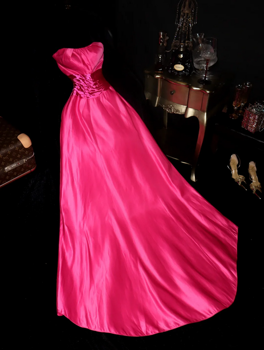 Rose pink strapless high-waisted slimming long ball gown R6997