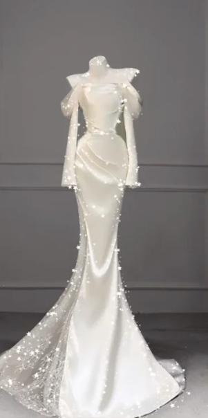 White Off-the-Shoulder Fitted-Waist Slim-Fit Elegant Long Prom Dress R6518