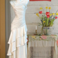 Light-colored suspender satin pleated waist slim ruffled skirt long dress, ball gown R6239