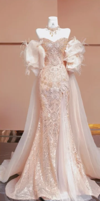 Light pink strapless sequined fitted mermaid ball gown R6436