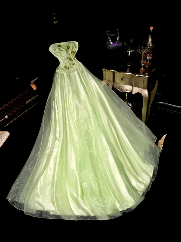 Light green strapless high-waisted fairy long ball gown R6957