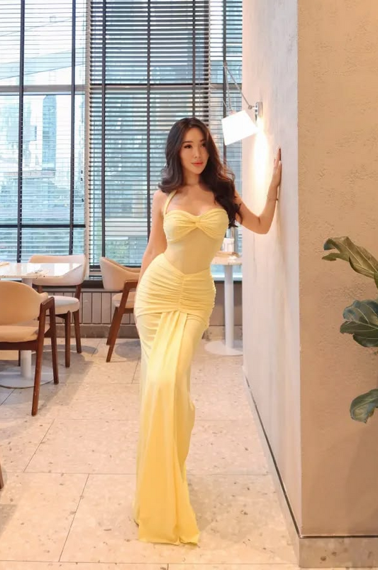 Slim Chiffon Flowy Prom Gown , Yellow Women's Maxi Evening Dress Party Dress RS2401
