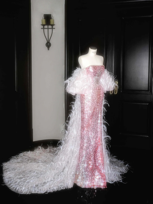 Pink sequined tube top slim waist hip long skirt, prom dress R5683