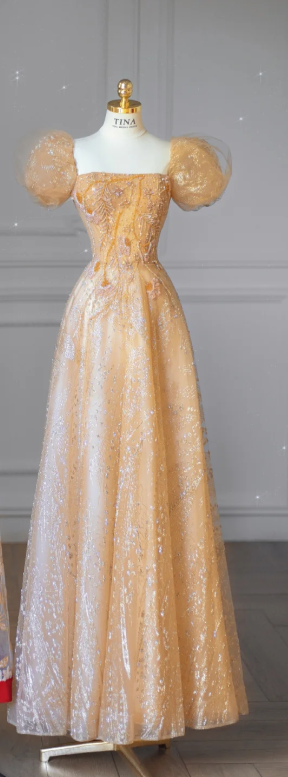 Yellow Puff-Sleeve Fitted-Waist Slim-Fit A-Line Long Bridal Gown R5917