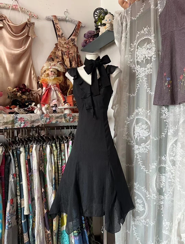 Black Striped Spaghetti Strap Waist-Cinched Slim-Fit Sexy Ball Gown R7436