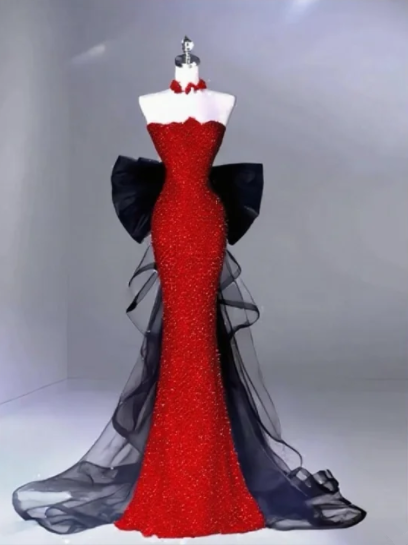 Red strapless sequined fitted mermaid long ball gown R6478