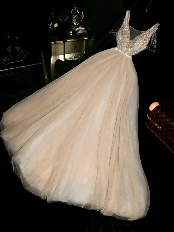 Champagne-colored halter-neck embroidered waist-cinching tulle skirt long ball gown R6876