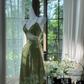 Green halter-neck lace-trimmed fitted bodycon ball gown R6558