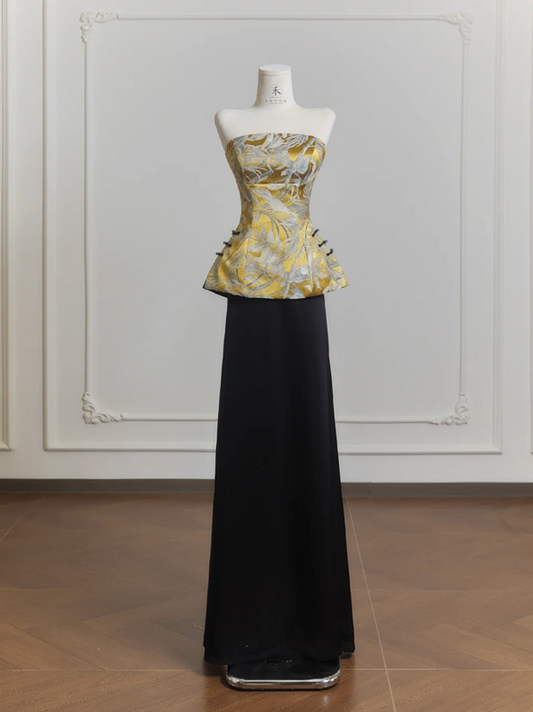 Yellow strapless satin top and black skirt suit, ball gown, wedding dress R8222