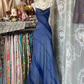 Blue halter neckline, fitted waist, long ball gown R7590