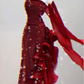 Red Strapless Waist-Cinched Slim-Fit 3D Floral Appliqué Long Ball Gown/Bridal Gown R7156