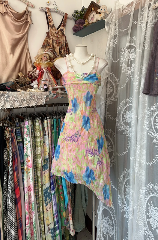 Pink floral print halter-neck fitted A-line mini skirt, prom dress R6318