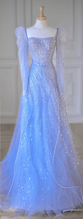 Blue square neck slim waist sequined A-line maxi ball gown bridal gown R5878