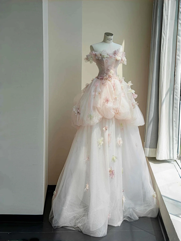 Pink tube top 3D flower waisted puffy maxi skirt, prom dress R5647