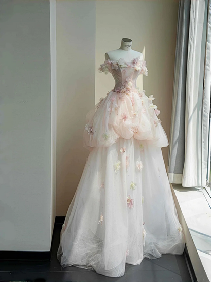 Pink tube top 3D flower waisted puffy maxi skirt, prom dress R5647