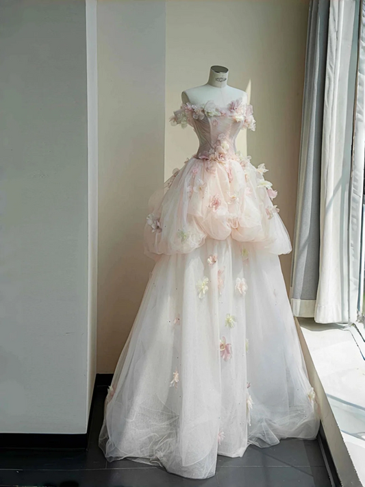 Pink tube top 3D flower waisted puffy maxi skirt, prom dress R5647