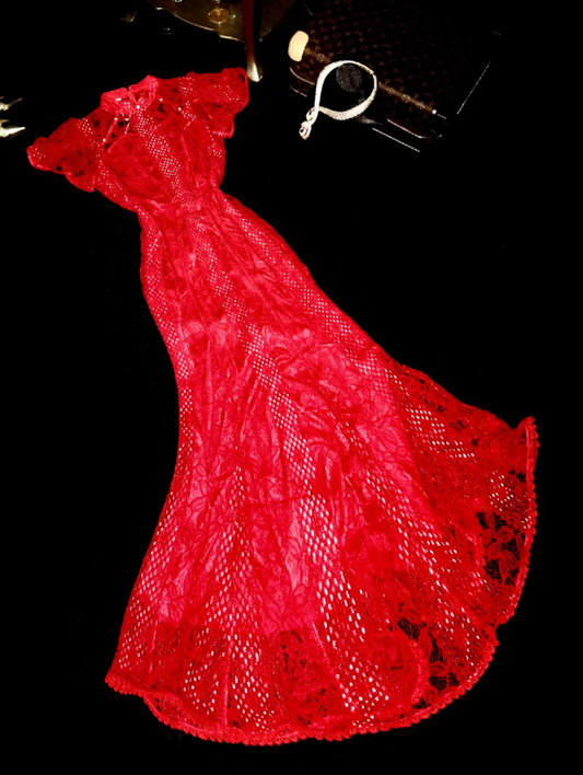 Red lace fitted waist classic long ball gown R6398