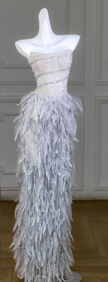 Gray-blue tube-top diamond waist sexy feather skirt long bridal dress R5801