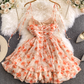 Pure and sweet chiffon lace with built-in chest pad orange sleeveless pullover A-line suspender dress R0364