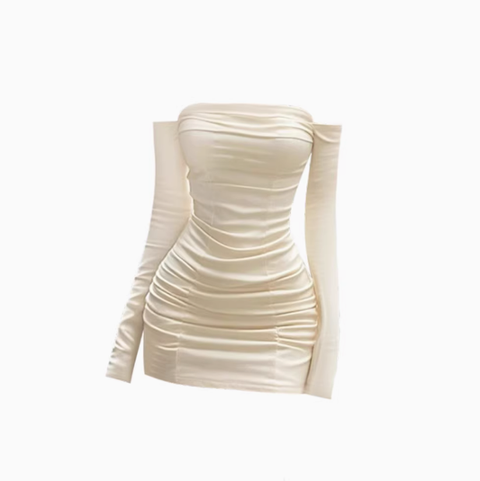 French style one-shoulder tube-top long-sleeved dress 2025 pleated waist hip skirt R1195