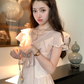 Pink long v-neck waist short-sleeved chiffon dress summer temperament embroidered A-line skirt R4576