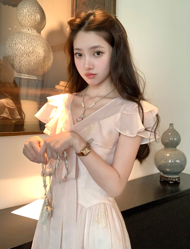 Pink long v-neck waist short-sleeved chiffon dress summer temperament embroidered A-line skirt R4576