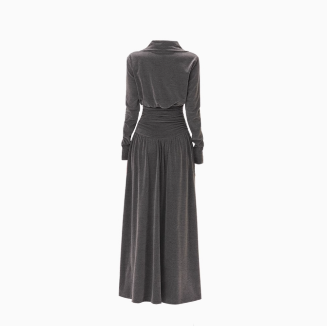 Design half-high polo collar long-sleeved dress 2025 pleated waist A-line long skirt R1034