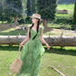 Green long v-neck small flying sleeve waist suspender dress summer temperament skirt R4906