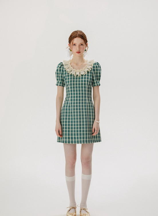 French skirt green plaid dress summer retro short skirt petite short skirt female summer R3457