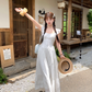 White square collar small flying sleeve waist dress women's summer French temperament A-line skirt R4746