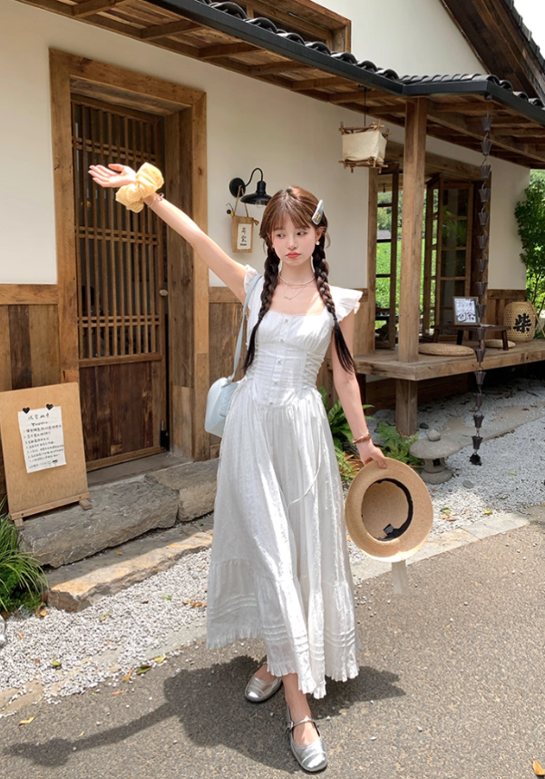 White square collar small flying sleeve waist dress women's summer French temperament A-line skirt R4746