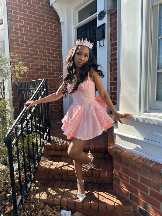 Cute Pink A-Line Spaghetti Straps Bow-knot Ruffled Mini Summer Dress Homecoming Dress RS189
