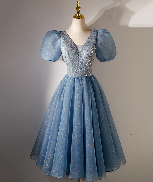 Charming Blue Homecoming Dress ,Tulle Sequins Corset Short Prom Dress RS1675