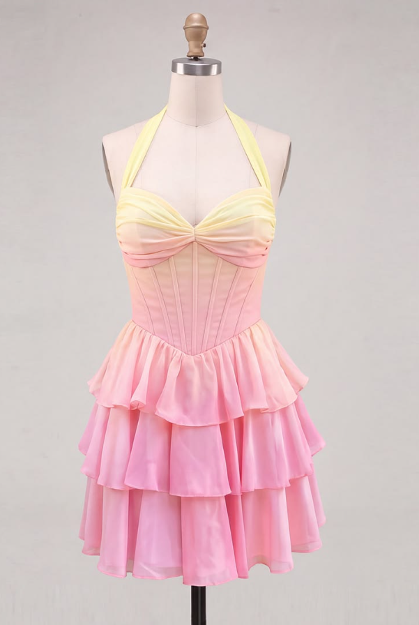 Ruffled Vibrant Women's Homecoming Dress Gradient Corset Short Prom Dress Party Dress RS2484