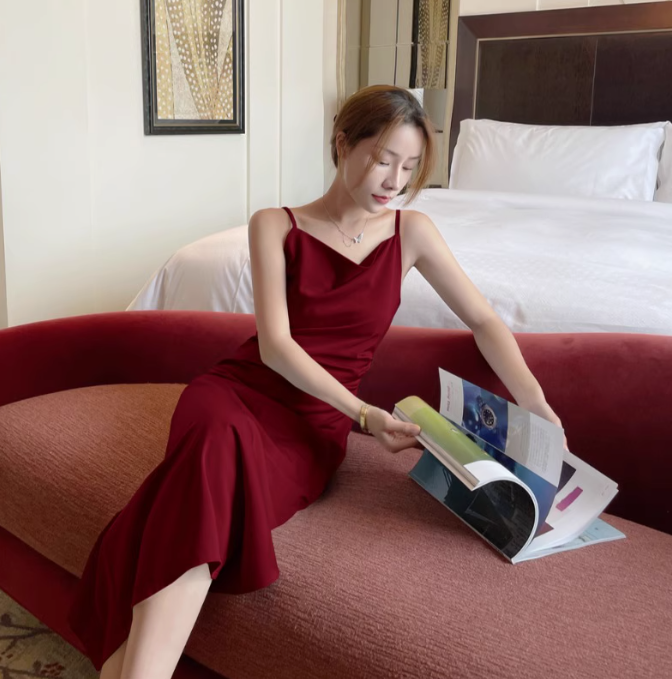 French retro slim silky satin swing collar sexy suspender dress holiday travel dress R1534