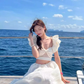 Super fairy long skirt with small flying sleeves white waist-baring dress holiday beach skirt R1607