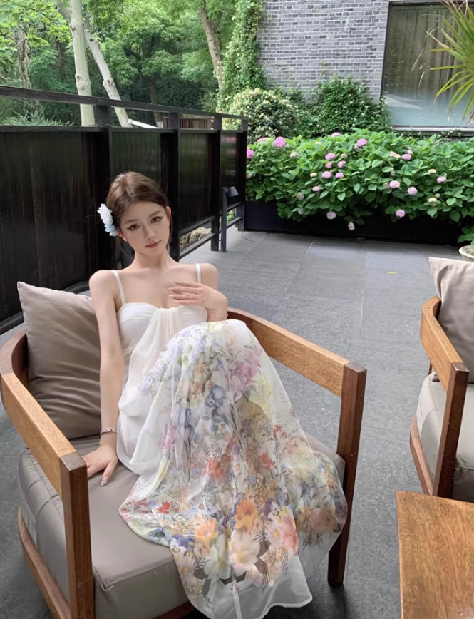 Sexy tube top suspender dress temperament floral long skirt R0542