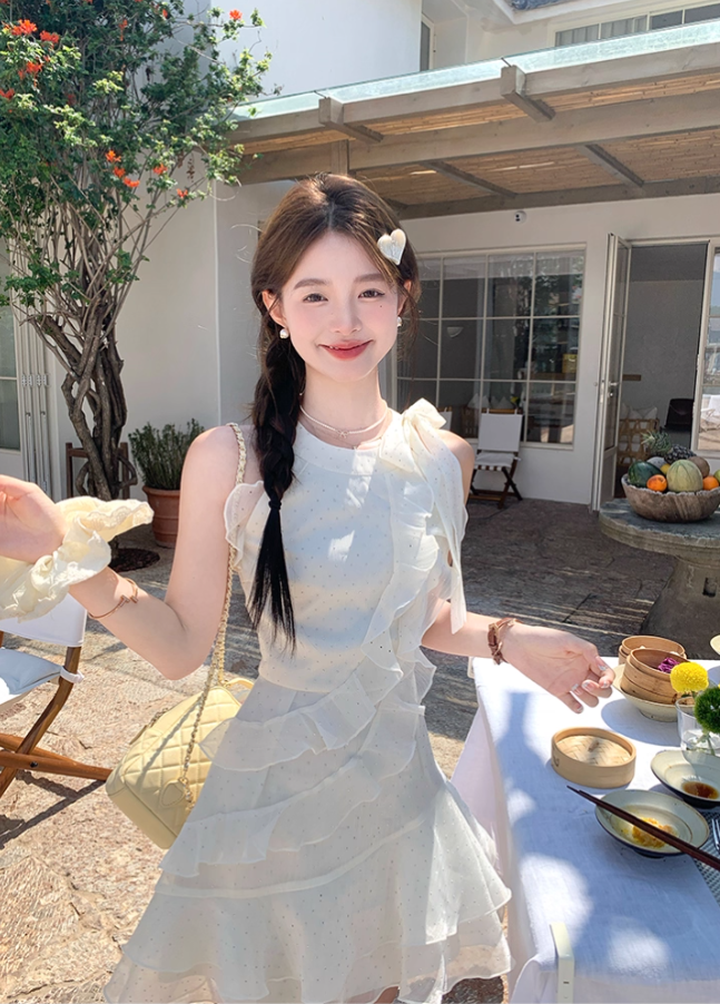 White waist bright silk chiffon halter neck suspender skirt women's summer French skirt R4619