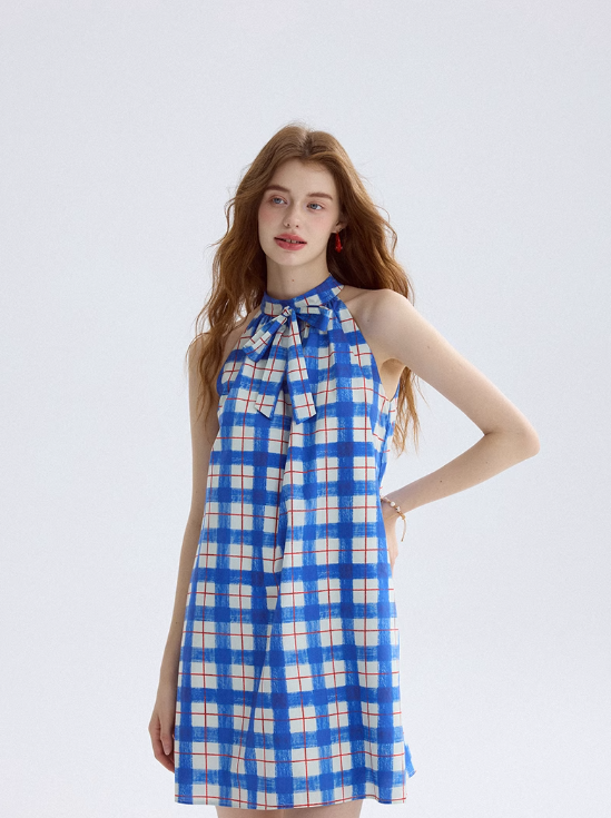 Plaid dress halter neck suspender skirt short skirt vacation wear skirt women summer R3455