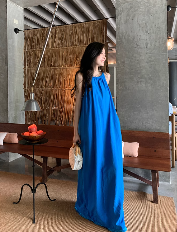 Klein blue sleeveless suspender dress loose lazy style seaside holiday atmosphere dress R1633