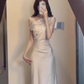 French style high-end sway collar off-shoulder dress waist-hugging hip acetate satin banquet dress R0426