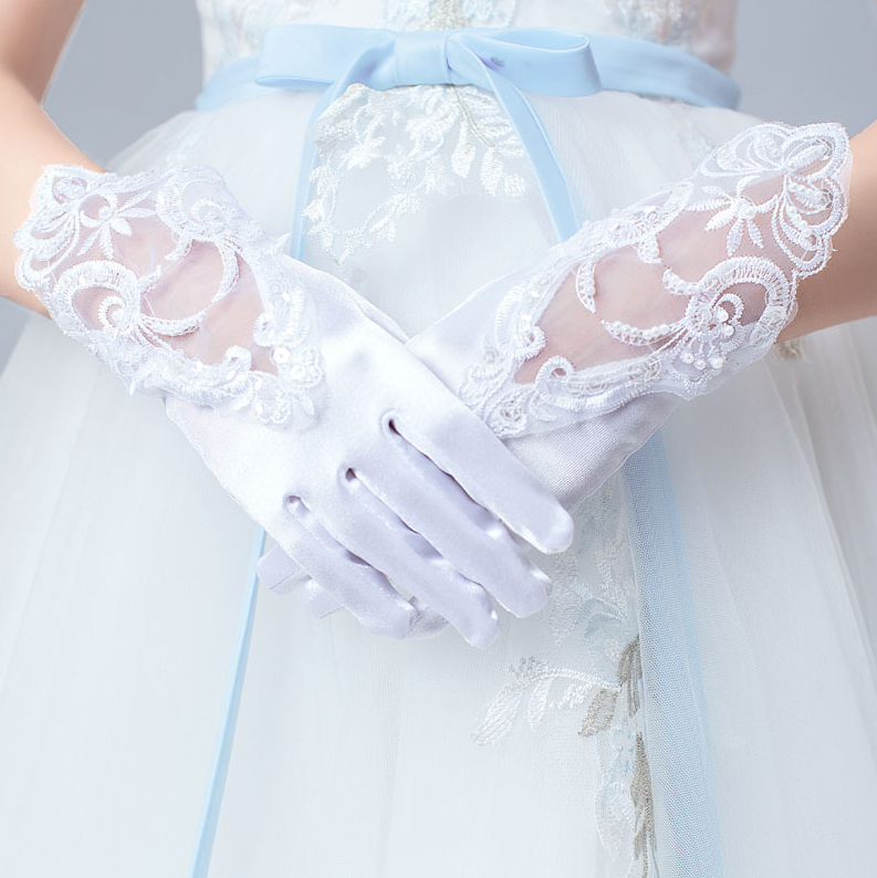 Lace Beaded Satin Stretch Children Wedding Dress Flower Girl Dress Gloves Performance Dance     S6247
